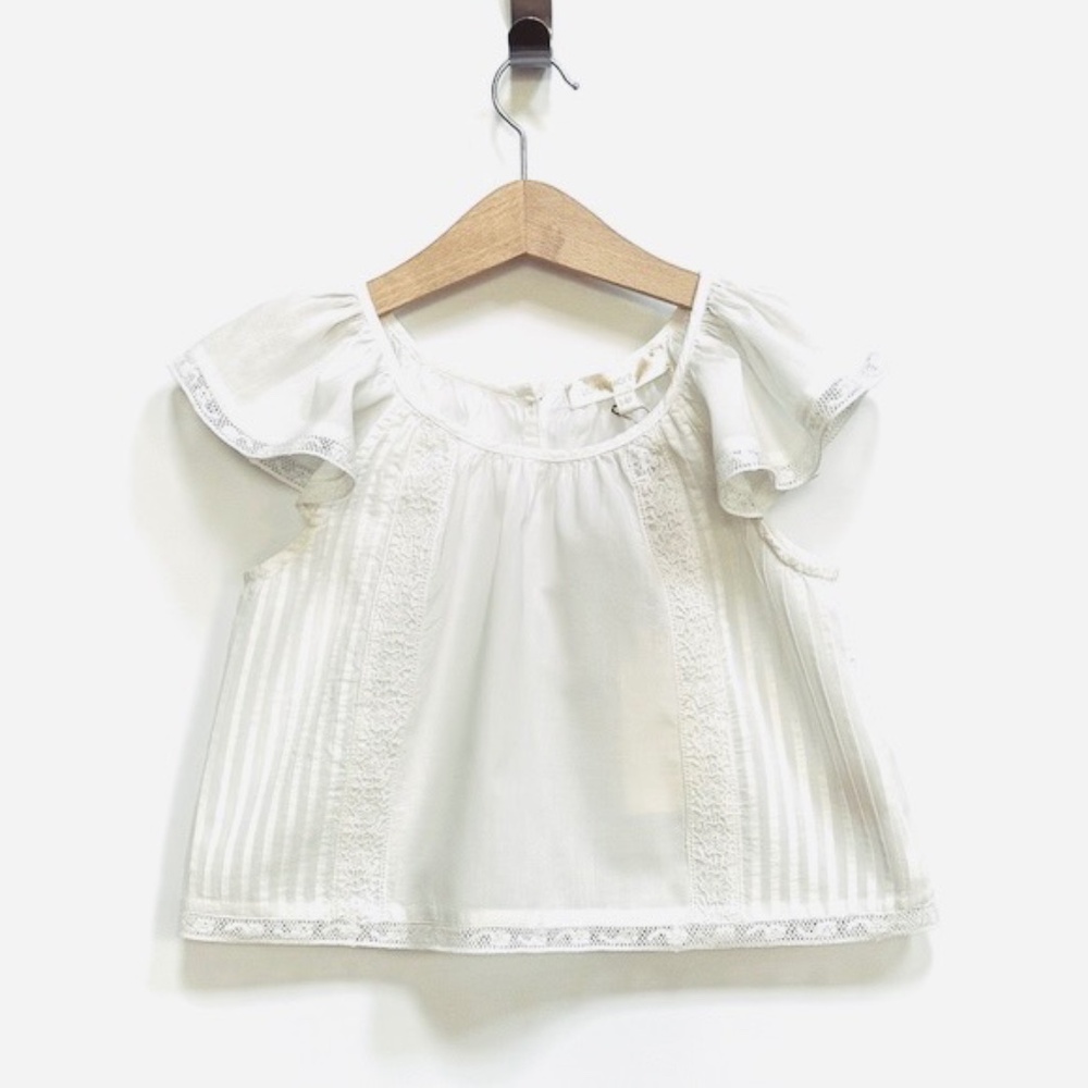 LoveShackFancy Girls 5-6 Years Kairi True White Cotton Flutter Sleeve Top/Blouse